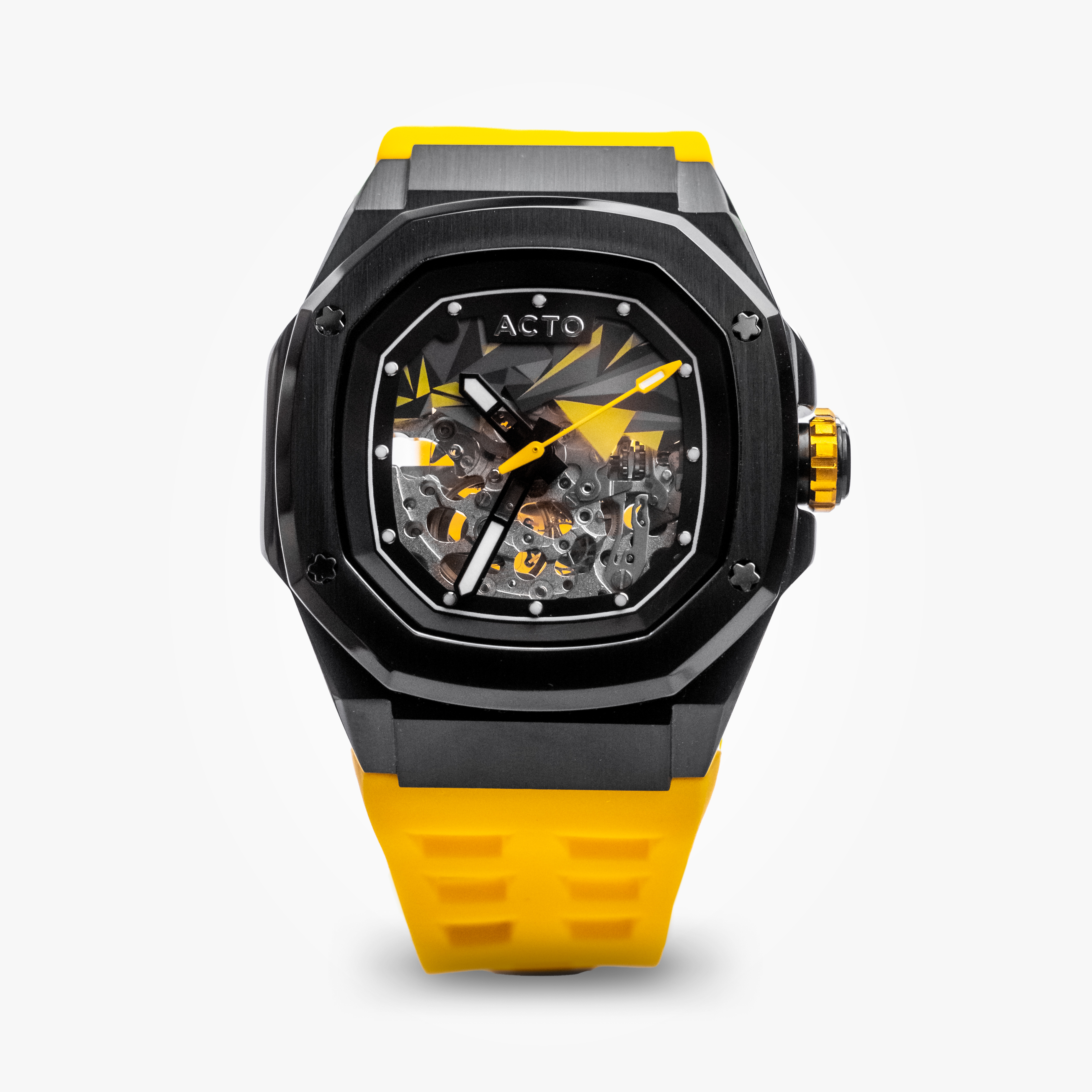 Relógio A003B by Erich Shibata: design elegante, caixa de aço, cristal de safira e pulseiras preta e amarela