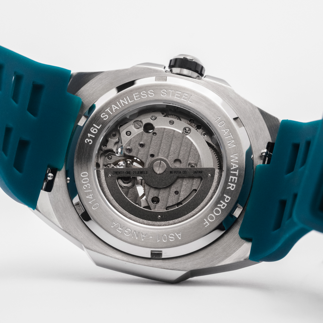 Relógio AS01 - Angra: edição limitada, mecanismo Myiota 82S5, caixa de aço, cristal de safira, à prova d'água até 100m.